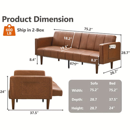 Sofa Bed - 3-Seater Sleeper w/ Adjustable Backrest, Moroccan Modern Brown Sofa Bed for Small Spaces,