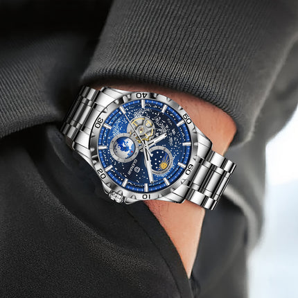 Men's Mechanical Watch Starry Sky Dial Steel Band Stopwatch Sun Moon Star Automatic