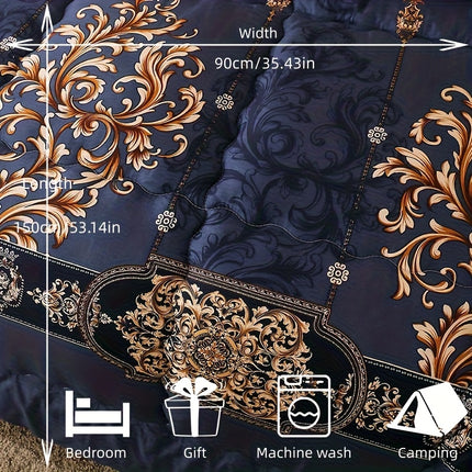 1pc Luxury Fleece Bedspread - Deep Navy Blue & Golden Floral Print, All-Season Soft Warmth