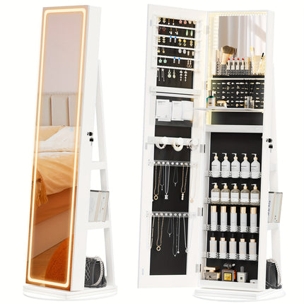 Standing LED Mirror Jewelry Cabinet - Lockable Jewelry Armoire with Full-Length