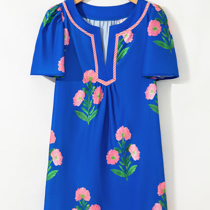 Blue Floral Short Sleeve Split Neck Loose Mini Dress