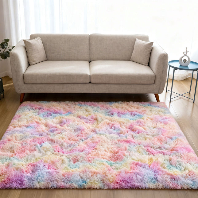 Fluffy Tie-Dye Carpet - Soft Pastel Pink, Yellow, Green, Purple, Orange, Red, Brown,Rugs Living Room