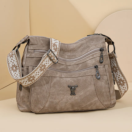 Women's Vintage Bohemian PU Shoulder Bag Adjustable Strap & Zipper Closure