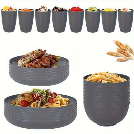 32pcs Grey Wheat Cutlery, Durable Black Set Microwave And Dishwasher Safe Includes 16 Plates, 8 Bowls
