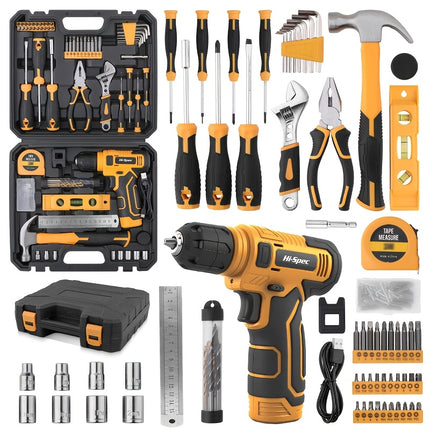 Hi-Spec Yellow 133pcs 8V Power Tool Set USB-Charged Handheld Electric Screwdriver, Tape Measure,