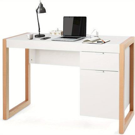 Modern White Computer Desk with Storage Drawer & Cabinet - Space-Saving Home Office Desk,