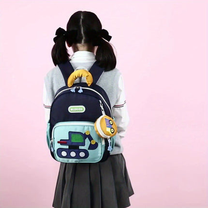 Kids' Cartoon Construction Vehicle Backpack Adjustable Straps, Lightweight,