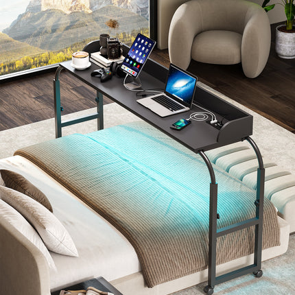 Modern LED Overbed Table with Charging Station & Smart Sensor
