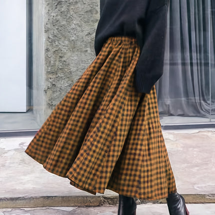 French Vintage A-Line Skirt - High-Waisted Long Maxi Skirt with Checkered (for houndstooth) Skirt,