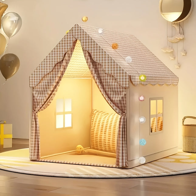 Indoor Play Tent | Cozy Plaid Cabin-Style | Multi-Color Denim Fabric with Fiberglass Frame | Zippered Closure | Warm Ambient Lighting | Ideal for Youngsters's Play & Home Decor