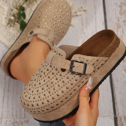 Parchment Rivet Buckle Closed Toe Platform Slippers
