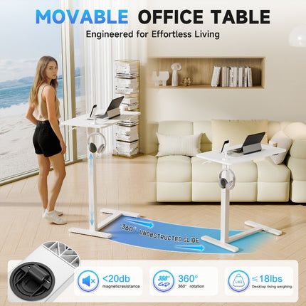 Adjustable Bedside Table Office Table, Pneumatic Computer Workstation With 4-Wheel Rolling