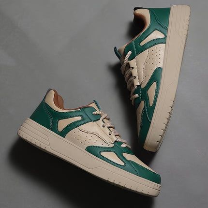 Men's Low-Top Sneakers Lightweight Breathable Geometric Color-Block Design (Beige/Green)