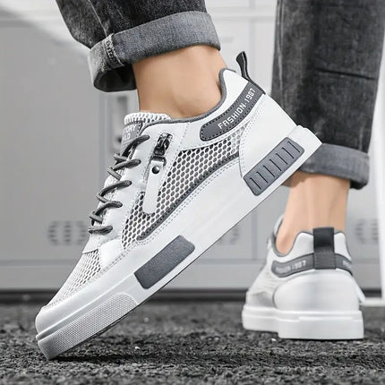 Men'S Breathable Mesh Casual Sports Shoes- White and Green Low-top Lace-up Shoes with EVA Cushioning