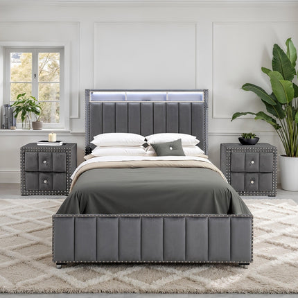 Contemporary 3pc Bedroom Set Full Size Bed 2x Nightstands Bedroom Furniture Dark Gray Fabric Upholstered Bedframe w LED Nailhead Trim