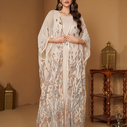 Elegant Directional Non-Positioning Floral Long-Sleeve Sequin Patchwork Dress with a Belt That Can Be Worn