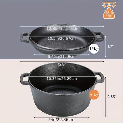 2-in-1 Cast Iron Cookware Set (Dutch Oven + Skillet) - Dual-Purpose Pots And Pans Set for Stove,