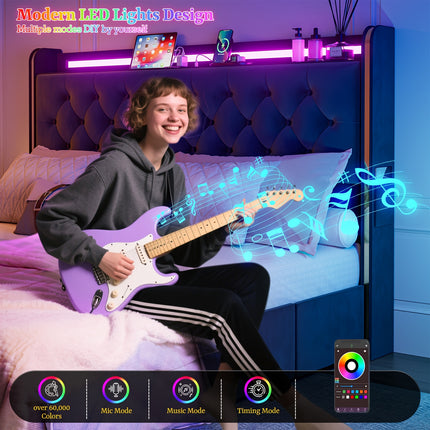 49.2" Tall Bed Frames with 4 Drawers, Velvet Platform Bed with Wingback Storage Headboard,