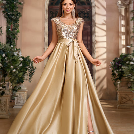 Short Sleeve Bow Belt Sequin Dress, Family Gathering Birthday Party Dress, Elegant and Fashionable Dress,