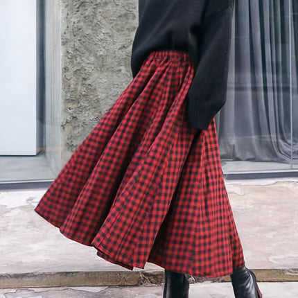 French Vintage A-Line Skirt - High-Waisted Long Maxi Skirt with Checkered (for houndstooth) Skirt,