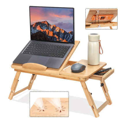Bamboo Laptop Lap Desk with Adjustable Height & Angle, Tablet & Phone Holder