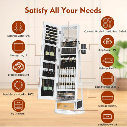 LED Lights, Full Length Mirror Cabinet Standing, Jewelry Organizer Storage, Foldable Makeup Shelf