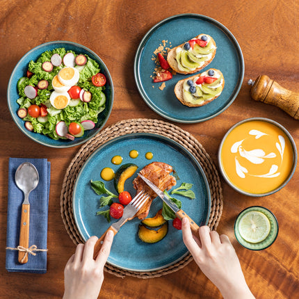 16pcs Dining Set Featuring Blue Stoneware with a Double-Sided Reactive Glaze Design