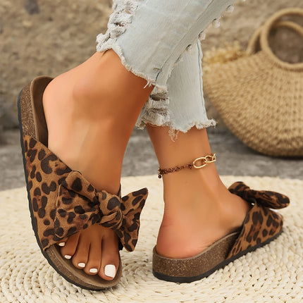 Coffee Leopard Bow Retro Cork Slippers
