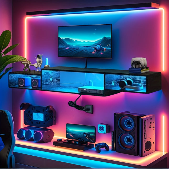 59" Floating TV Stand with LED Lights, Power Outlet & Storage - Wall-Mounted Recycled Wood