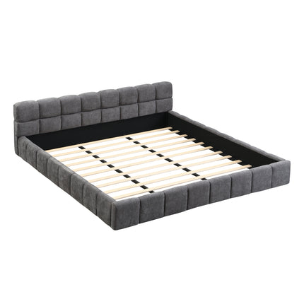King Size Elegant Soft Chenille Upholstered Bed with Checkerboard Headboard - Frame Bed