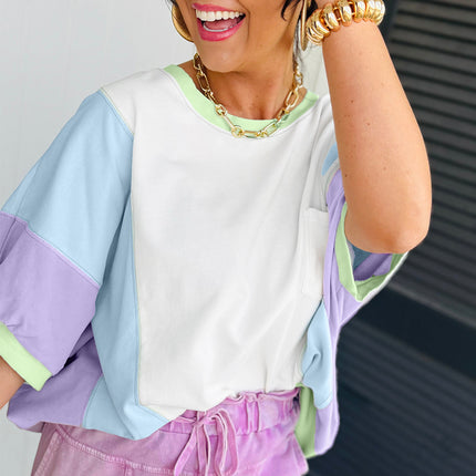 White Color Block Patchwork Half Sleeve Oversized T Shirt