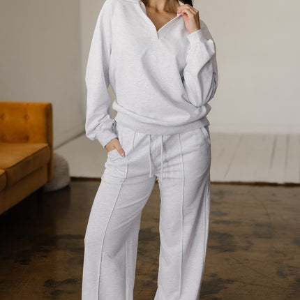 Light Grey Polo Collar V Neck Pullover and Drawstring Sweatpants Set