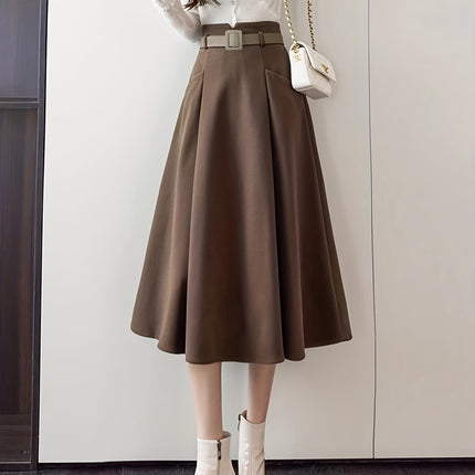 Elegant Flared Skirt with Belt | Women'S Fall/Winter Design, Back Zipper, Pockets, Solid Color