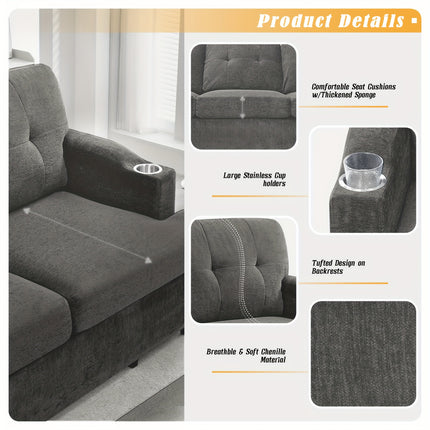 Sofa, Tufted Sofa W/ Soft Back, Comfortable Sofa with Cup Holders for Living Room, Office