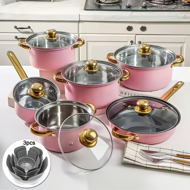12pcs Stainless Steel Cookware Set, Pots And Pans Set Non Stick, Kitchen Pink Cookware Sets,