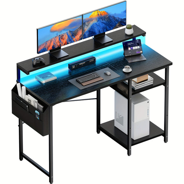 Large Computer Desk with LED & Height-Adjustable Monitor Stand | Modern Freestanding Desk