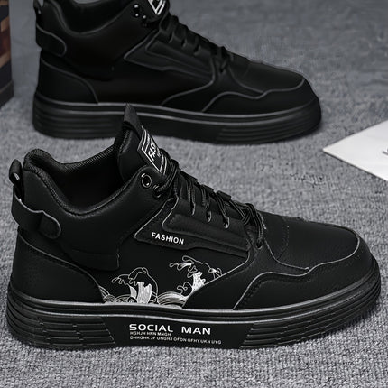 Men's High-Top Casual Sneakers - Solid Color Lace-Up Boots with PU Upper,