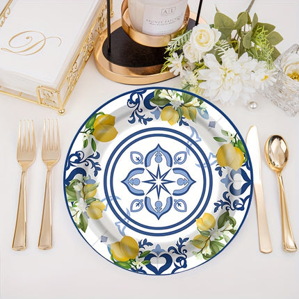 30pcs Disposable Tableware Set Featuring a Lemon And Blue Porcelain Theme, Uncoated Utensils