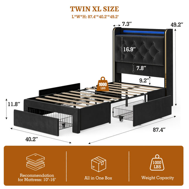 49.2" Tall Bed Frames with 4 Drawers, Velvet Platform Bed with Wingback Storage Headboard,