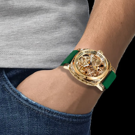 1pc Men's Vintage Roman Numeral Automatic Mechanical Watch - Green Strap