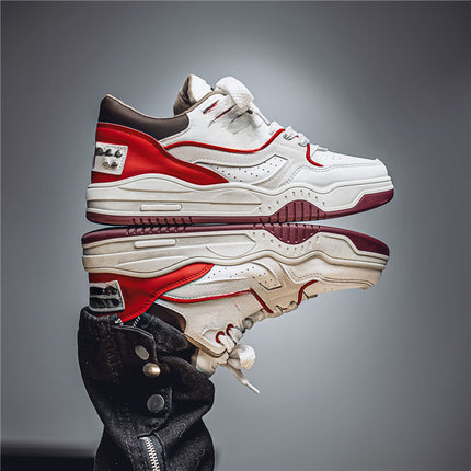 Men's Large Size Low-Top Sneakers - PU Upper & White/Red Burgundy Color