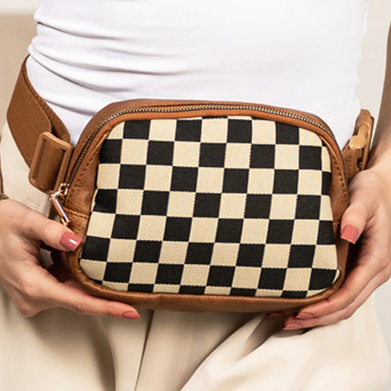 Black Faux Leather Checkered Patchwork Crossbody Bag