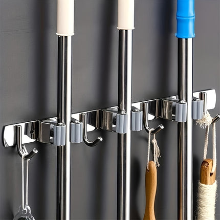 1pc, Heavy Duty Stainless Steel Wall Mount Broom & Mop Holder, Self-Adhesive Non Slip
