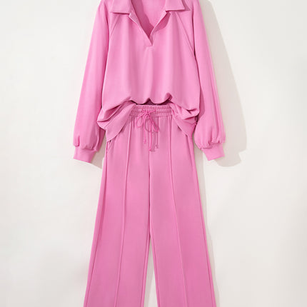 Bright Pink Polo Collar V Neck Pullover and Drawstring Sweatpants Set
