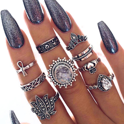 Retro Ethnic-Style Joint Ring Set Of 9 With Bold Gemstone Combinations