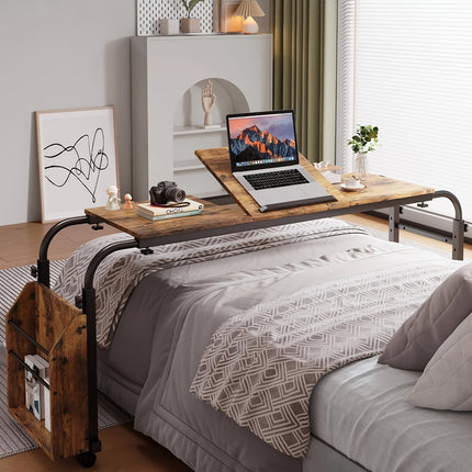 Adjustable Height Mobile Bed Desk with Wheels, 60.6-84.2 Inches Overbed Table,