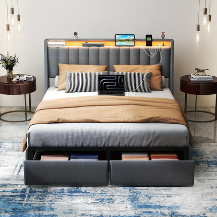 Full Queen King Bed Frame with 2 Storage Drawers And Luxury Wingback Upholstered Button Tufted Storage