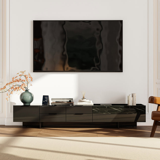 Finish TV Stand with Drawers & Open Storage, High Gloss TV Console Table with Metal Handles for Living Room