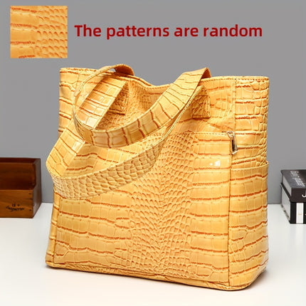 Crocodile Pattern Handbag - Large Capacity, Multi-Pocket Shoulder Handbag with Zipper Closure