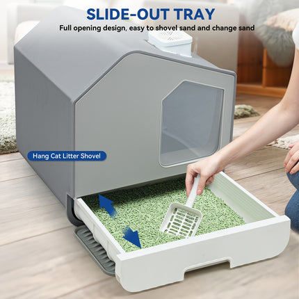 Silicone & PP Large Enclosed Cat Litter Box with PAD and Shovel, Odorless Splash-Proof Cover, Easy No-Install Design for Cats